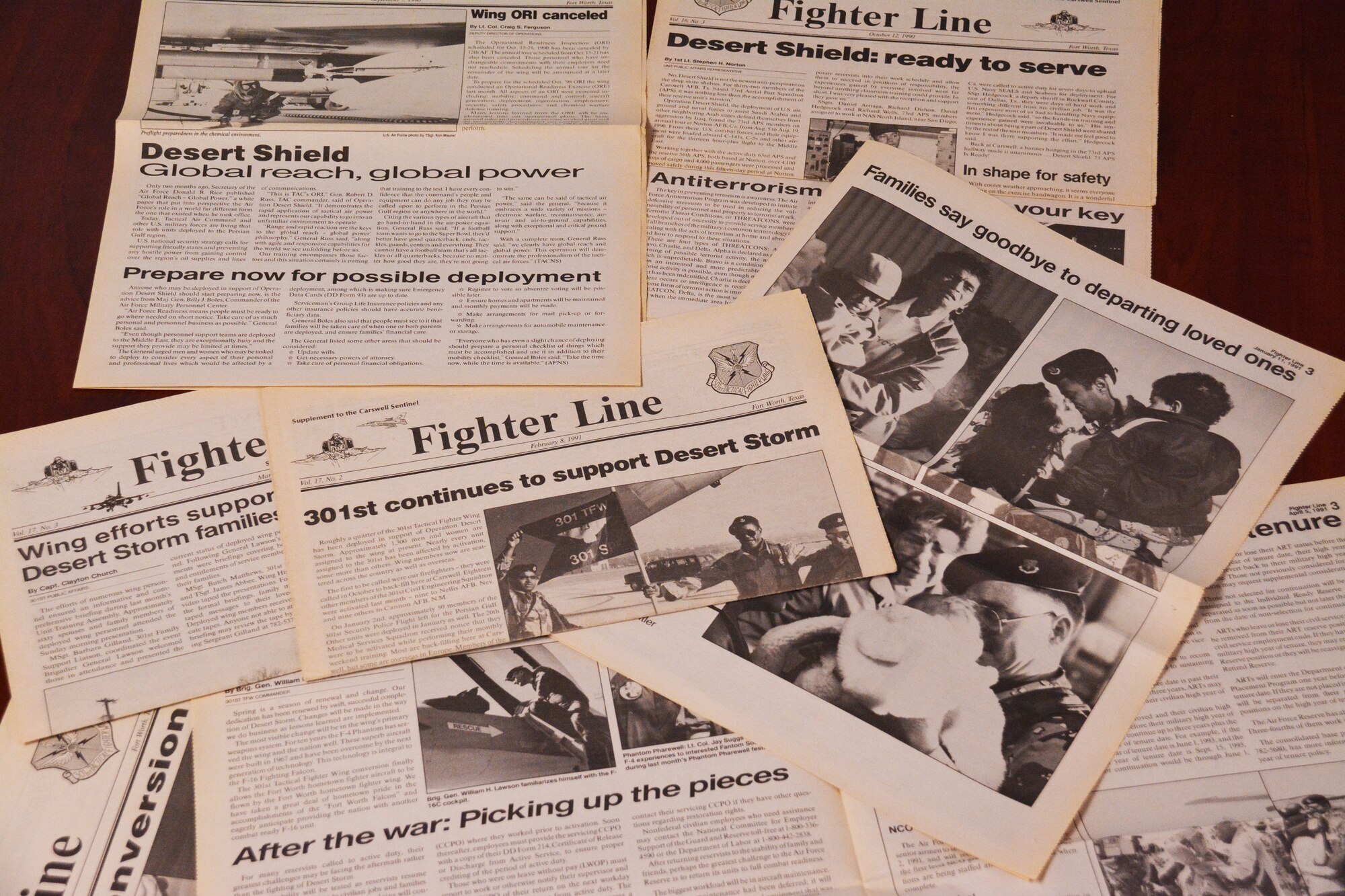 The 301st Fighter wing, then known as the 301st Tactical Fighter Wing, Fighter Line newspapers from late 1990 to early 1991 reflects the full support provided during operations Desert Shield and Desert Storm.  More than 70 wing Airmen deployed in an Air Force Reserve mobilization of more than 23,000 Reservists and another 15,000 serving in a volunteer capacity. (U.S. Air Force photo/Staff Sgt. Samantha Mathison)