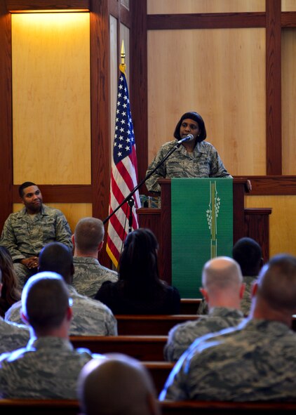 Chief Master Sgt. Erica Hammond, 436th Medical Group superintendent, speaks at the Dr. Martin Luther King, Jr. Commemorative Ceremony Jan. 14, 2016, at Chapel 1 on Dover Air Force Base, Del. Hammond was the event’s guest speaker and spoke about how Dr. King advanced civil rights during the 1960s. (U.S. Air Force photo/Senior Airman William Johnson)