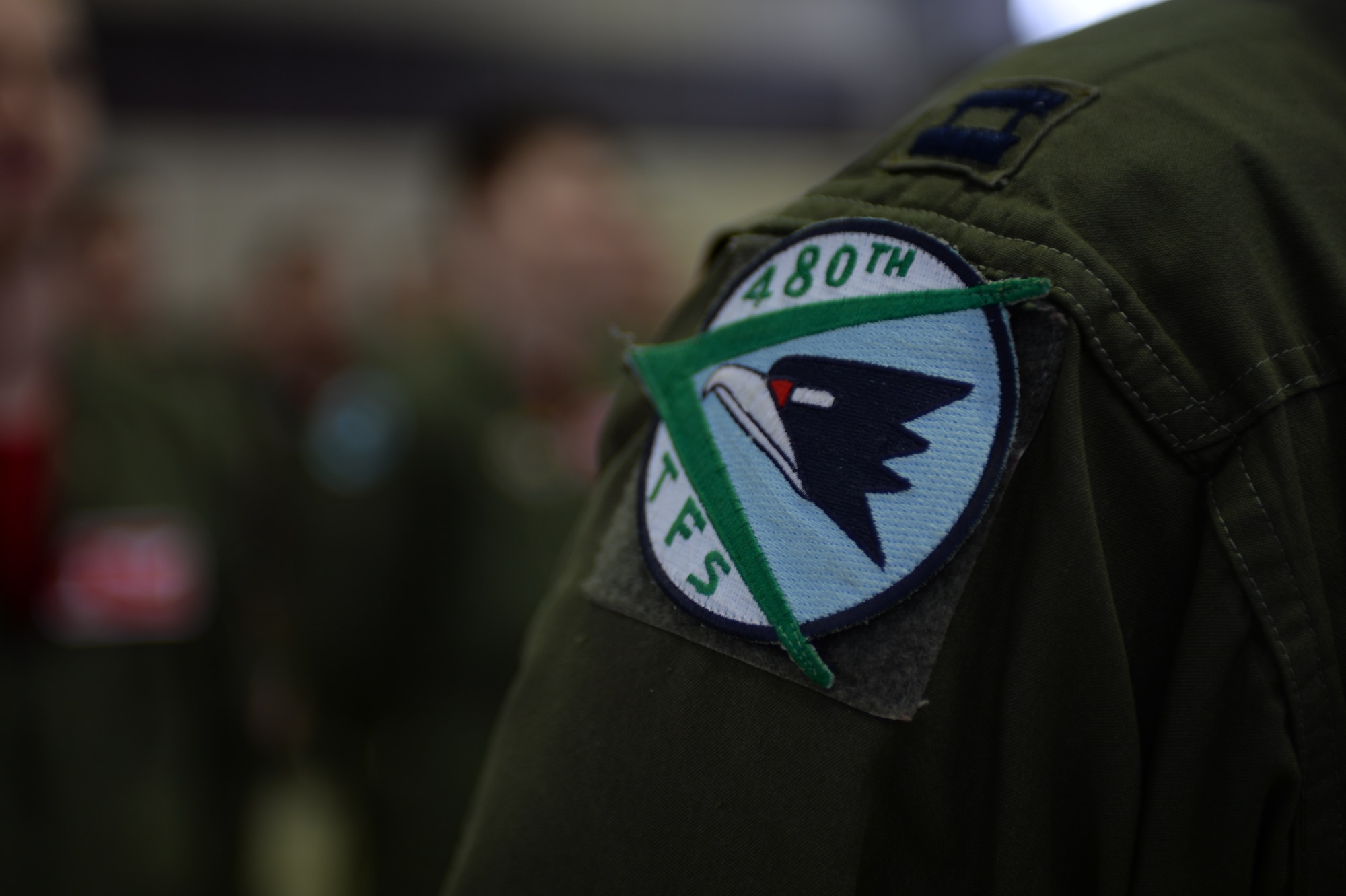 A 480th Fighter Squadron pilot wears a 480th Tactical Fighter Squadron patch while standing in formation during a change of command ceremony at Hangar One on Spangdahlem Air Base, Germany, Jan. 15, 2016. Members of the squadron served in a formation to offer salutes to the outgoing and incoming commander as part of military tradition. (U.S. Air Force photo by Staff Sgt. Joe W. McFadden/Released)