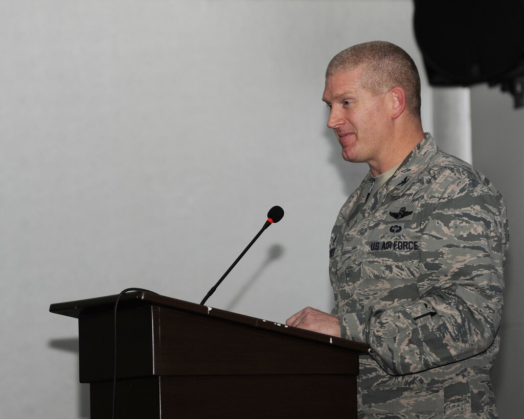 Col. John Walker, 39th Air Base Wing commander, gives closing remarks during the Dr. Martin Luther King, Jr. special observance day luncheon Jan. 14, 2015, at Incirlik Air Base, Turkey. The luncheon included a guest speaker who shared the struggles King faced growing up and throughout his life, King’s strong resiliency that persevered him through tough times and how team Titan members can apply King’s dream and resiliency to their lives and the mission here. (U.S. Air Force photo by Airman 1st Class Daniel Lile/Released)