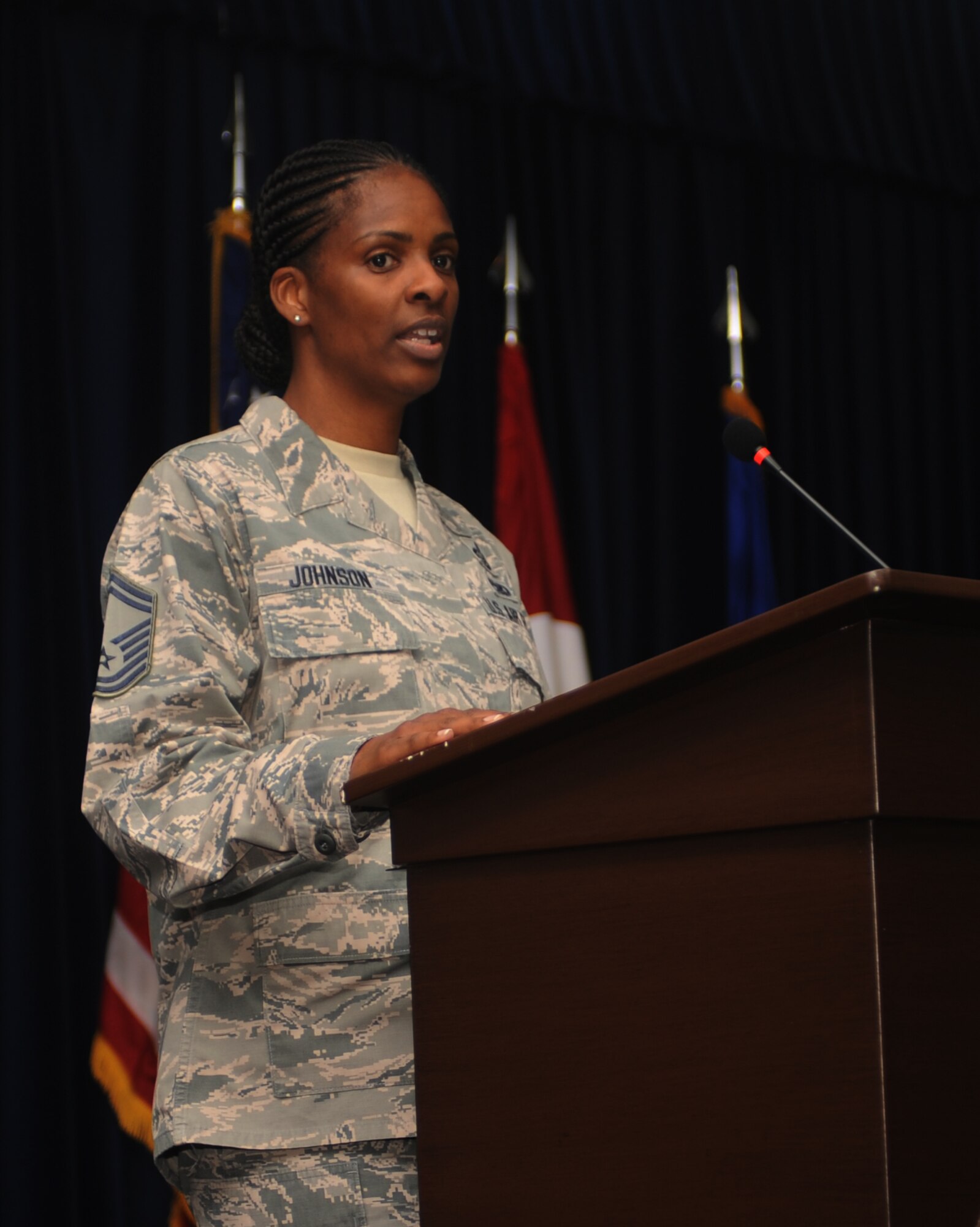 Senior Master Sgt. Kimberly Johnson, 39th Force Support Squadron Manpower and Organization Superintendent, speaks during the Dr. Martin Luther King, Jr. special observance day luncheon Jan. 14, 2015, at Incirlik Air Base, Turkey. Johnson spoke about the struggles King faced growing up and throughout his life, King’s strong resiliency that persevered him through tough times and how team Titan members can apply King’s dream and resiliency to their lives and the mission here. (U.S. Air Force photo by Airman 1st Class Daniel Lile/Released)
