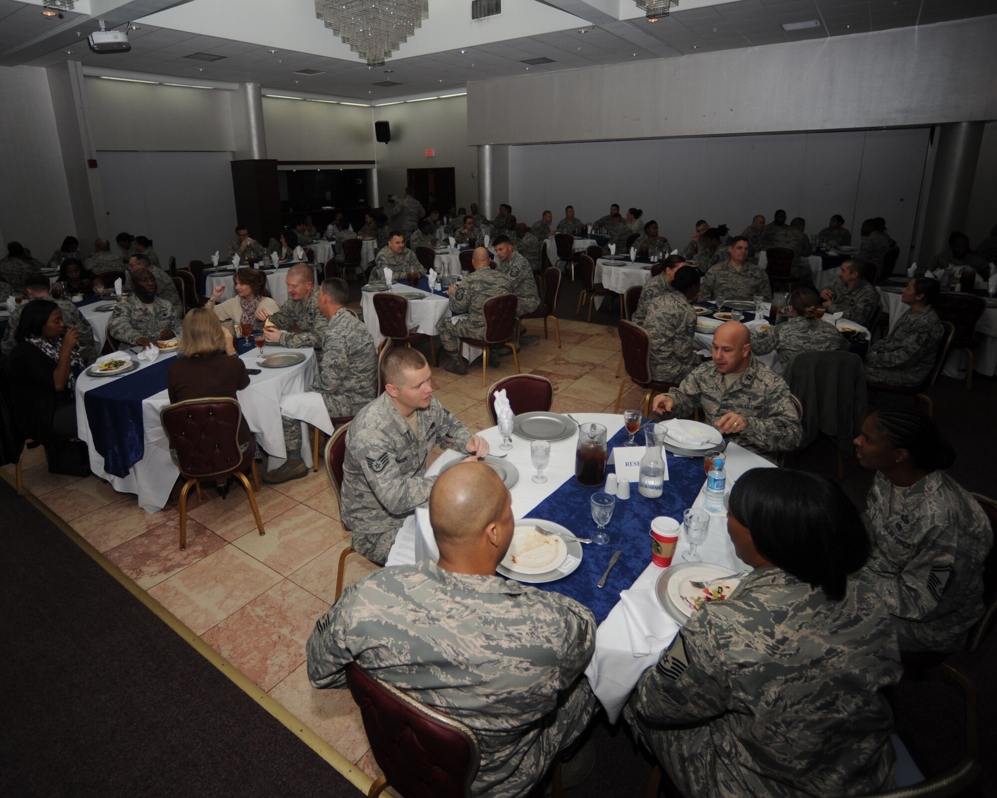 Lunch is served during a Dr. Martin Luther King, Jr. special observance day luncheon Jan, 14, 2015, at Incirlik Air Base, Turkey. The luncheon included presenting of the colors, singing of both the American and Turkish national anthems, a guest speaker and closing remarks from Col. Walker, 39th Air Base Wing Commander. (U.S. Air Force photo by Airman 1st Class Daniel Lile/Released)