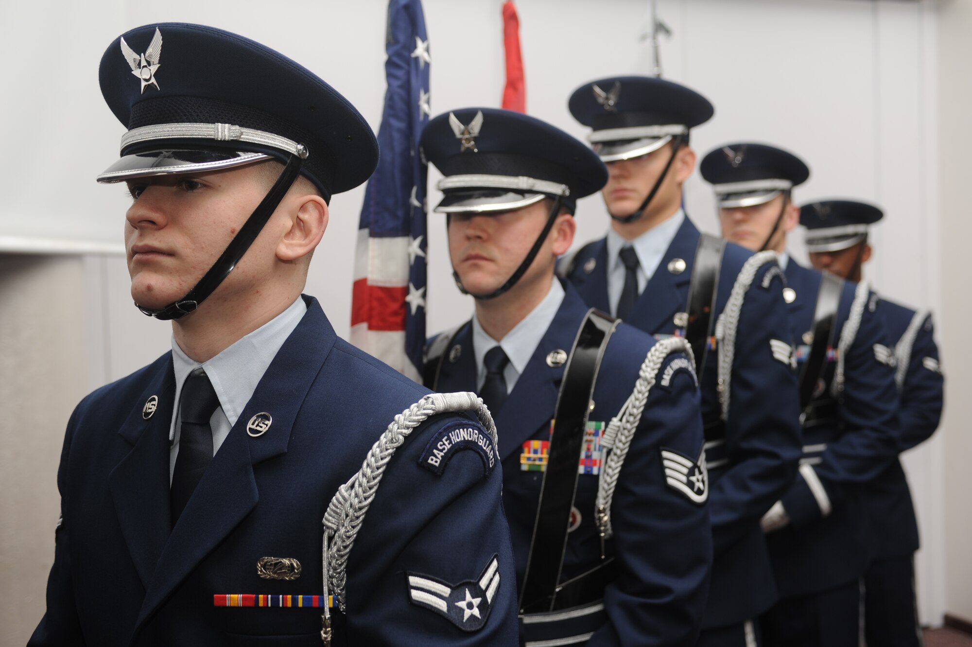 Honor Guard members prepare to present the colors during a luncheon honoring Dr. Martin Luther King, Jr. Jan. 14, 2015, at Incirlik Air Base, Turkey. The luncheon focused on King’s contributions to the civil rights movement, as well as celebrated the progress that followed. (U.S. Air Force photo by Airman 1st Class Daniel Lile/Released)