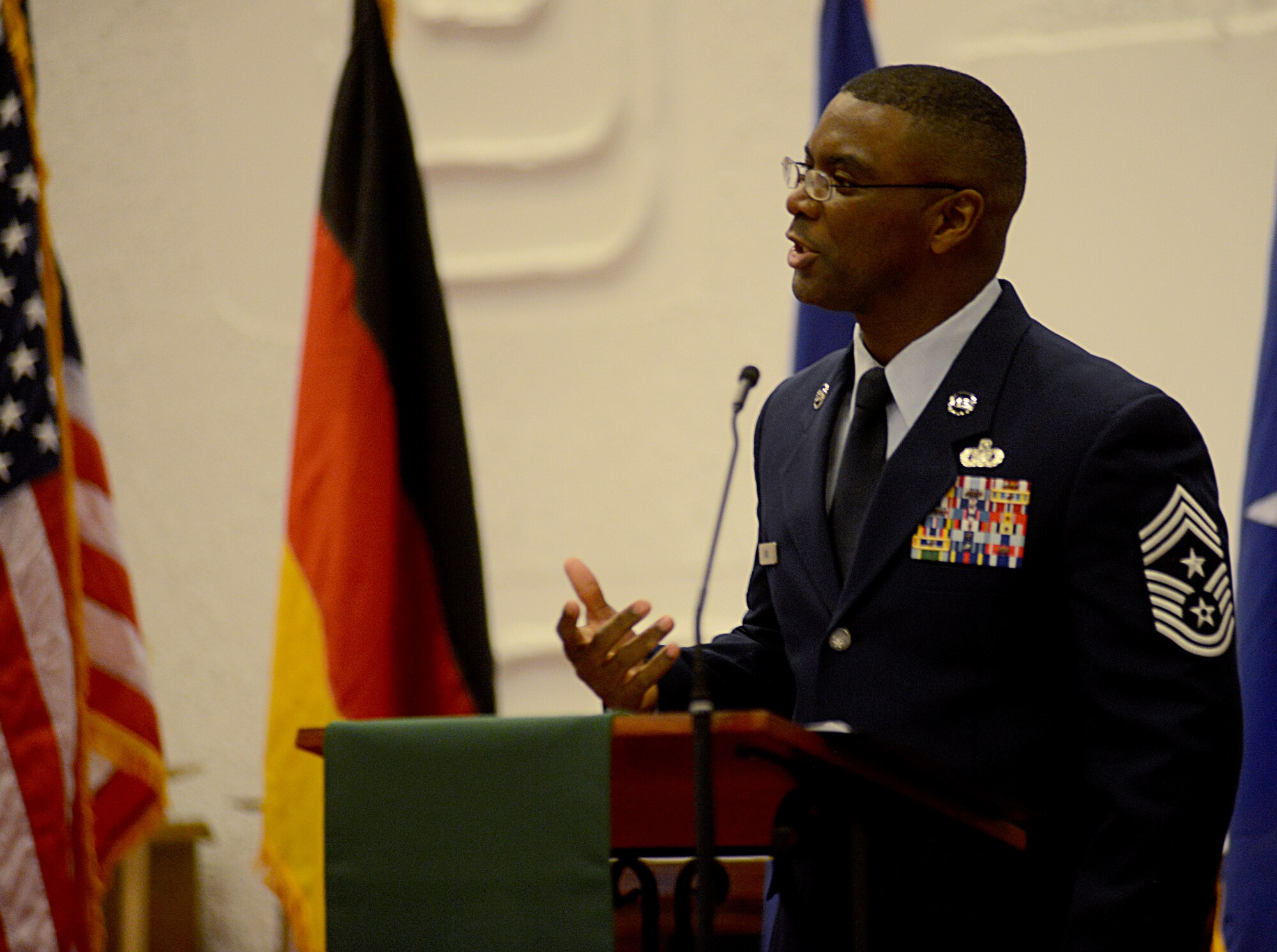 Chief Master Sgt. James E. Davis, U.S. Air Forces in Europe and Air Forces Africa command chief, speaks during a Martin Luther King Jr. observance ceremony Jan. 12, 2016, at Ramstein Air Base, Germany. As the guest speaker, Davis reflected on King’s dream of a better America as well as the importance of not being afraid to dream the “impossible.” (U.S. Air Force photo/Staff Sgt. Timothy Moore)