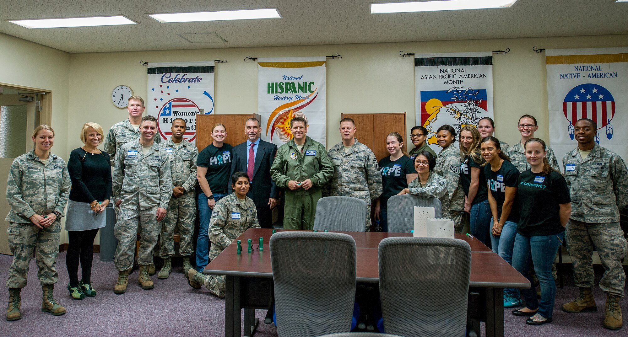 Members of the Sexual Assault and Prevention Response team hold an open house to show wing leadership the new SAPR building Jan. 14, 2015, at Kadena Air Base, Japan. The SAPR team introduced their volunteer victim advocates and explained their roles and how their mission affects people’s lives. (U.S. Air Force photo by Airman 1st Class Corey M. Pettis) 
