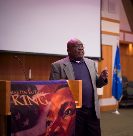 Reverend John Reynolds, civil rights leader, speaks to Airmen and Sailors during a Martin Luther King Jr. Day Celebration event Jan. 15, 2016, at the Chapel Annex on Joint Base Charleston – Air Base, S.C. Reynolds was the guest speaker for the event and talked about his memories of working alongside King and how things have came to be with his views that changed the world. (U.S. Air Force photo/Senior Airman Clayton Cupit)