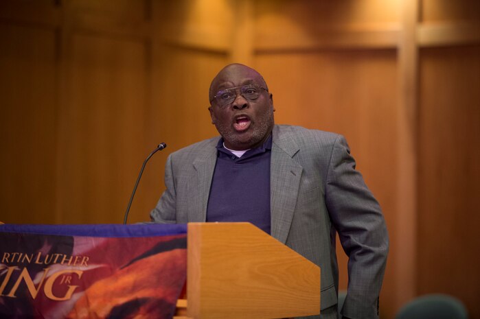 Reverend John Reynolds, civil rights leader, speaks to Airmen and Sailors during a Martin Luther King Jr. Day Celebration event Jan. 15, 2016, at the Chapel Annex on Joint Base Charleston – Air Base, S.C. Reynolds was the guest speaker for the event and talked about his memories of working alongside King and how things have came to be with his views that changed the world. (U.S. Air Force photo/Senior Airman Clayton Cupit)