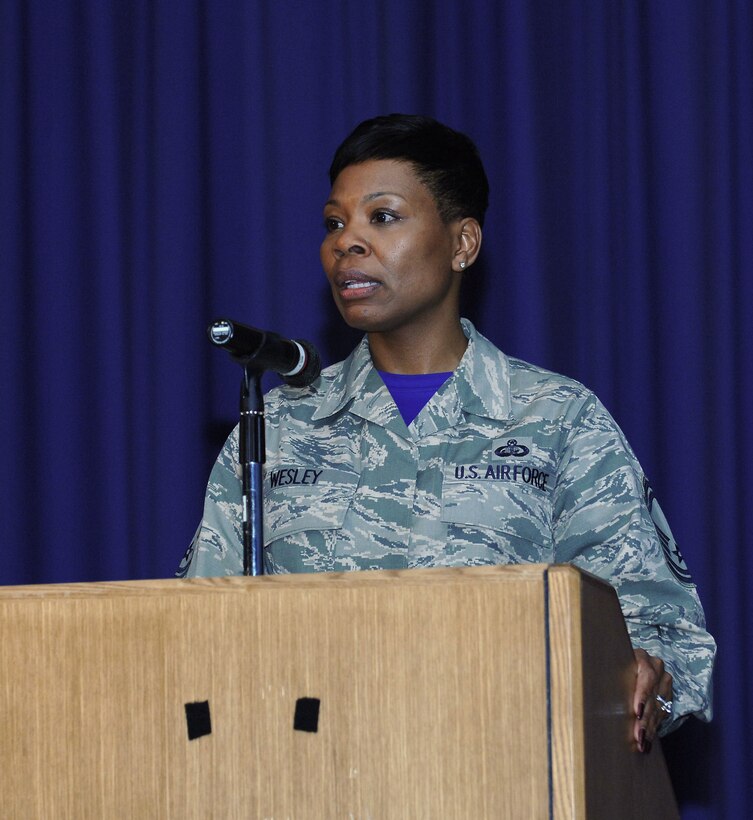 U.S. Air Force Senior Master Sgt. Janna Wesley, superintendent of Enlisted Force Development with Headquarters Air Combat Command, speaks to a crowd during an event celebrating Dr. Martin Luther King, Jr. at Langley Air Force Base, Va., Jan. 15, 2016. Wesley spoke about how Dr. King’s work affected the Armed Forces. (U.S. Air Force photo by Staff Sgt. Teresa J. Cleveland)