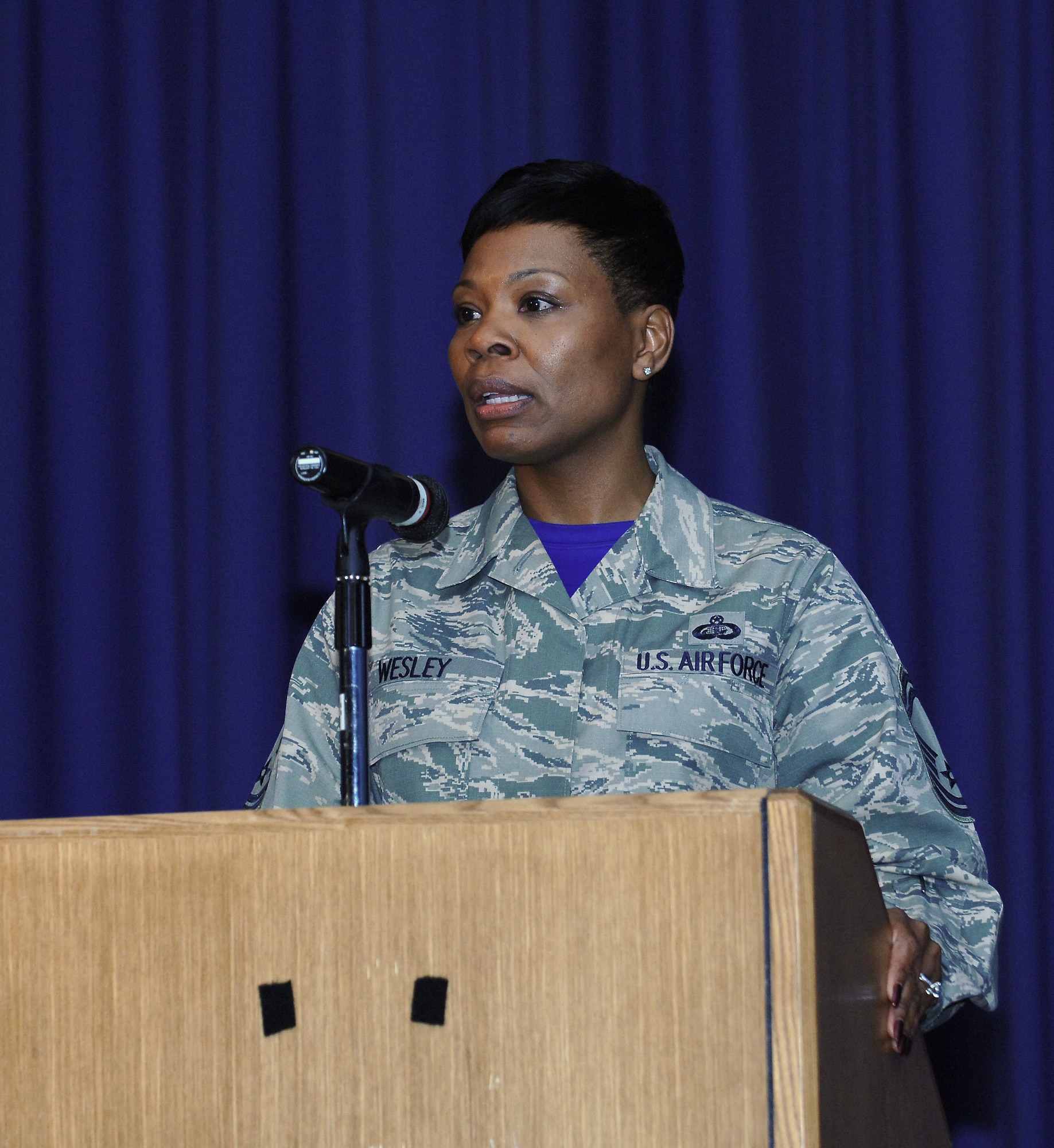 U.S. Air Force Senior Master Sgt. Janna Wesley, superintendent of Enlisted Force Development with Headquarters Air Combat Command, speaks to a crowd during an event celebrating Dr. Martin Luther King, Jr. at Langley Air Force Base, Va., Jan. 15, 2016. Wesley spoke about how Dr. King’s work affected the Armed Forces. (U.S. Air Force photo by Staff Sgt. Teresa J. Cleveland)