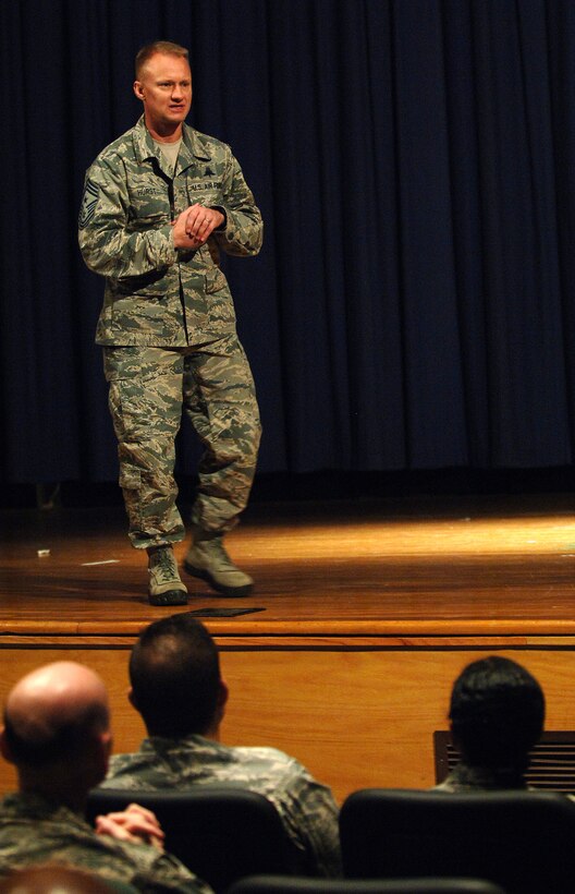 U.S. Air Force Chief Master Sgt. Mark Hurst, 633rd Air Base Wing command chief, gives opening remarks during a Dr. Martin Luther King, Jr. Memorial Celebration at Langley Air Force Base, Va., Jan. 15, 2016. The event’s theme, “Remember! Celebrate! Act! A day on, not a day off,” emphasized the importance of always striving for success. (U.S. Air Force photo by Staff Sgt. Teresa J. Cleveland)