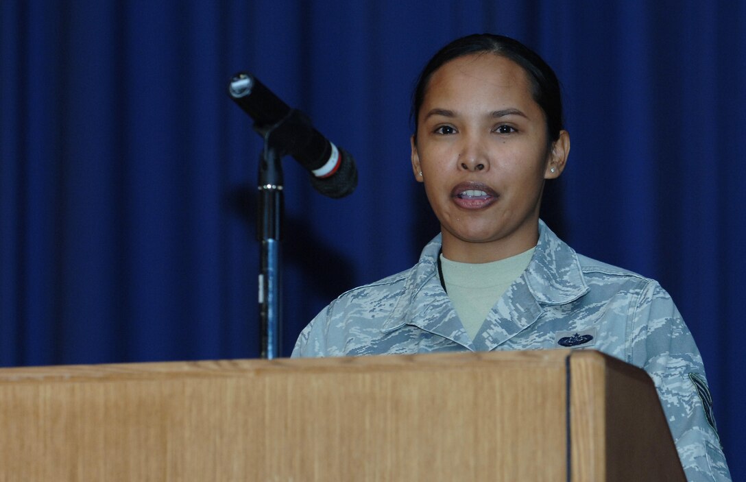 U.S. Air Force Tech. Sgt. Trista Castro, noncommissioned officer in charge of Monitoring Management with the 83rd Network Operations Squadron, speaks during an event celebrating Dr. Martin Luther King, Jr. at Langley Air Force Base, Va., Jan. 15, 2016. The ceremony included highlights of Dr. King’s work and how it affected all racial groups. (U.S. Air Force photo by Staff Sgt. Teresa J. Cleveland)