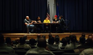 Members of the Langley African American Heritage Council perform a skit during the Dr. Martin Luther King, Jr. Memorial Celebration at Langley Air Force Base, Va., Jan. 15, 2016. Actors discussed Dr. King’s history and what he fought for. (U.S. Air Force photo by Staff Sgt. Teresa J. Cleveland)