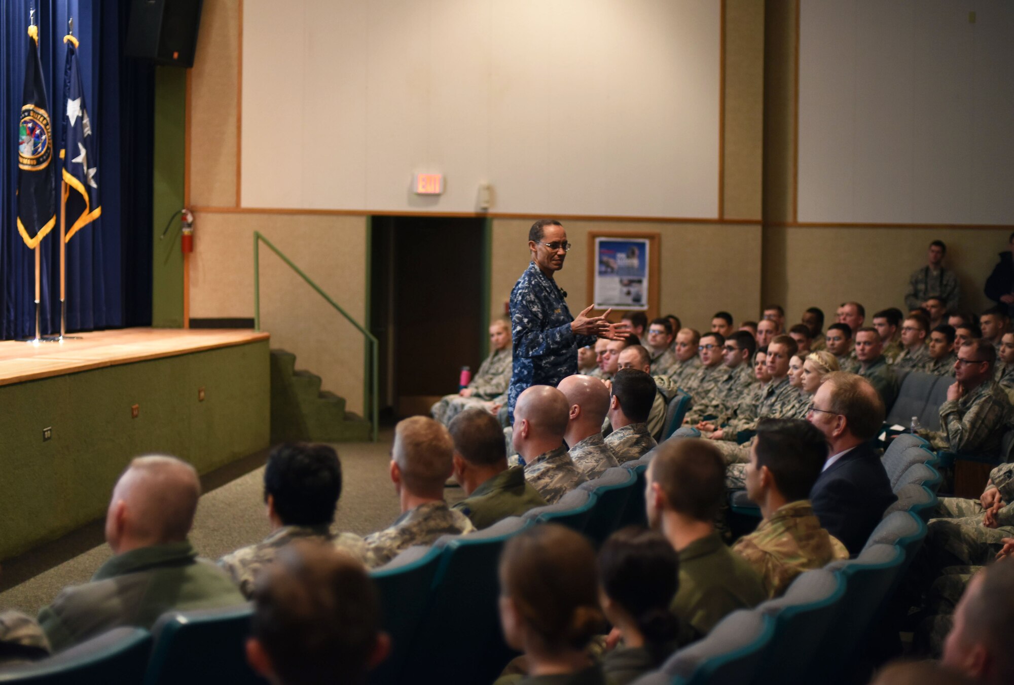 U.S. Navy Adm. Cecil D. Haney, U.S. Strategic Command (USSTRATCOM) commander, discusses USSTRATCOM’s mission areas and priorities and Malmstrom’s vital role in deterrence and assurance during a base-wide all call at Malmstrom Air Force Base, Mont., Jan. 14, 2016. During his visit there, Haney also had breakfast with Airmen and toured the security forces, missile maintenance and other facilities. He thanked the men and women at Malmstrom for their efforts in providing the nation with a safe, secure, effective and ready nuclear deterrent. One of nine DoD unified combatant commands, USSTRATCOM has global strategic missions, assigned through the Unified Command Plan, which include strategic deterrence; space operations; cyberspace operations; joint electronic warfare; global strike; missile defense; intelligence, surveillance and reconnaissance; combating weapons of mass destruction; and analysis and targeting. (U.S. Air Force photo by Airman Collin Schmidt) 