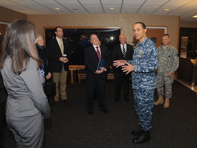 U.S. Navy Adm. Cecil D. Haney (second from right), U.S. Strategic Command (USSTRATCOM) commander, talks with senior leaders from Creighton University during their visit to USSTRATCOM Headquarters, Offutt Air Force Base, Neb., Jan. 15, 2016. The delegation was at the command as part of USSTRATCOM's Deterrence and Assurance Academic Alliance, which was established in Oct. 2014 to stimulate new thinking and develop future generations of deterrence practitioners. Since then, 20 local and national universities have joined the alliance, including Creighton University. During their visit, the delegation received a USSTRATCOM mission brief from Haney, toured the Global Operations Center and held discussions with subject matter experts from the command. One of nine DoD unified combatant commands, USSTRATCOM has global strategic missions, assigned through the Unified Command Plan, which include strategic deterrence; space operations; cyberspace operations; joint electronic warfare; global strike; missile defense; intelligence, surveillance and reconnaissance; combating weapons of mass destruction; and analysis and targeting. (USSTRATCOM photo by Steve Cunningham)