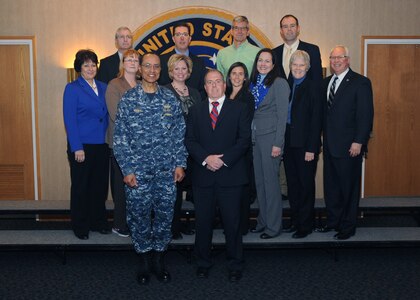 U.S. Navy Adm. Cecil D. Haney (front row, left), U.S. Strategic Command (USSTRATCOM) commander, poses for a photo with senior leaders from Creighton University during their visit to USSTRATCOM Headquarters, Offutt Air Force Base, Neb., Jan. 15, 2016. The delegation was at the command as part of USSTRATCOM's Deterrence and Assurance Academic Alliance, which was established in Oct. 2014 to stimulate new thinking and develop future generations of deterrence practitioners. Since then, 20 local and national universities have joined the alliance, including Creighton University. During their visit, the delegation received a USSTRATCOM mission brief from Haney, toured the Global Operations Center and held discussions with subject matter experts from the command. One of nine DoD unified combatant commands, USSTRATCOM has global strategic missions, assigned through the Unified Command Plan, which include strategic deterrence; space operations; cyberspace operations; joint electronic warfare; global strike; missile defense; intelligence, surveillance and reconnaissance; combating weapons of mass destruction; and analysis and targeting. (USSTRATCOM photo by Steve Cunningham)