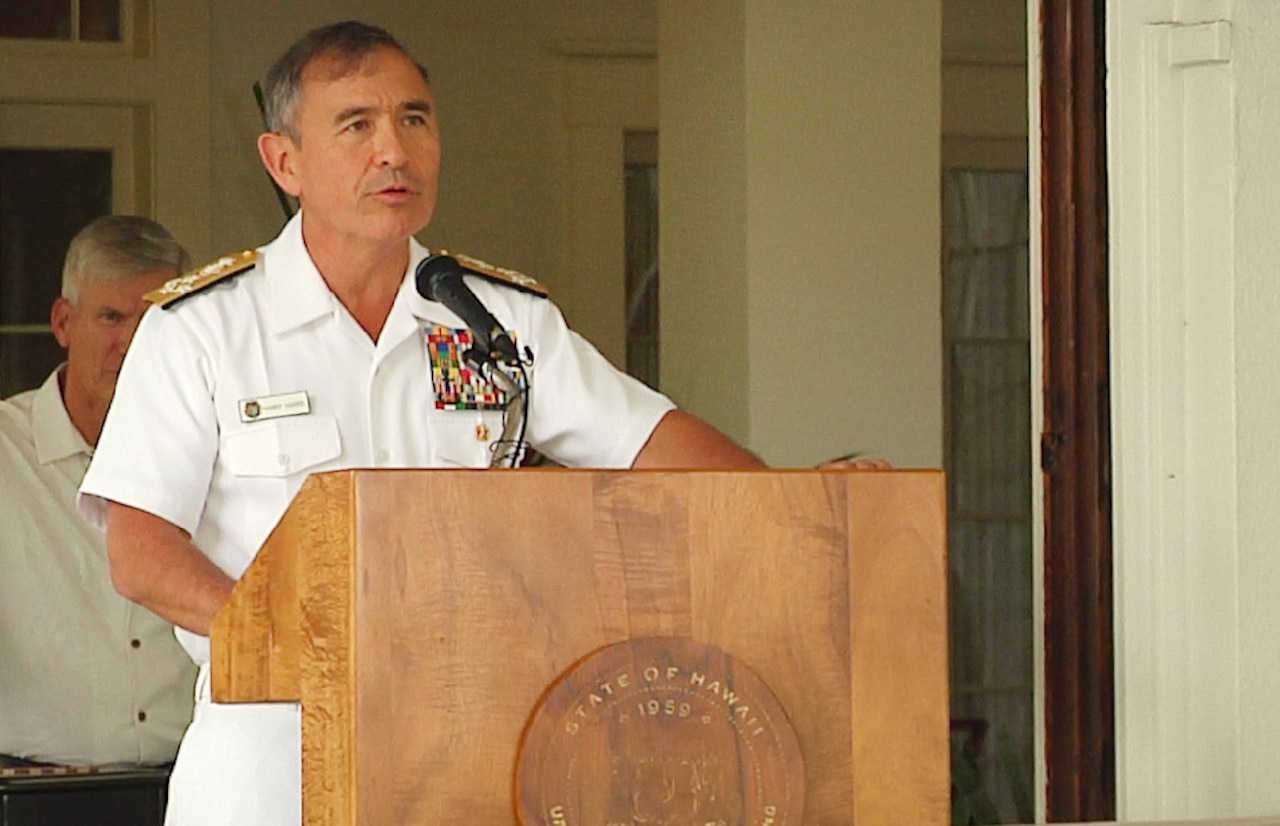 Navy Adm. Harry Harris, commander, U.S. Pacific Command, speaks to government officials, private sector representatives and military leaders about Hawaii’s importance in the future of the Indo-Asia-Pacific during the annual Military Affairs Council, Jan. 15, at Washington Place in Honolulu. DoD photo by Navy Petty Officer 2nd Class Jerome Johnson