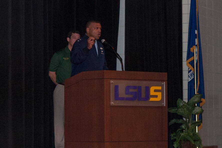 The Eighth Air Force Commander, Maj. Gen. Richard Clark, talks about the importance of Operation Senior Surprise, aka "Secret Squirrel," and the establishment of global power and superiority that that mission proved at the beginning of Operation Desert Storm. Clark's keynote address began the Secret Squirrel Symposium at Louisiana State University, Shreveport, La. on Jan. 16, 2016. During the mission thirty-five cruise missiles were launched from seven B-52 Stratofortress bombers targeting strategic and tactical targets in Iraq. (U.S. Air Force photo by Master Sgt. Dachelle Melville/Released)