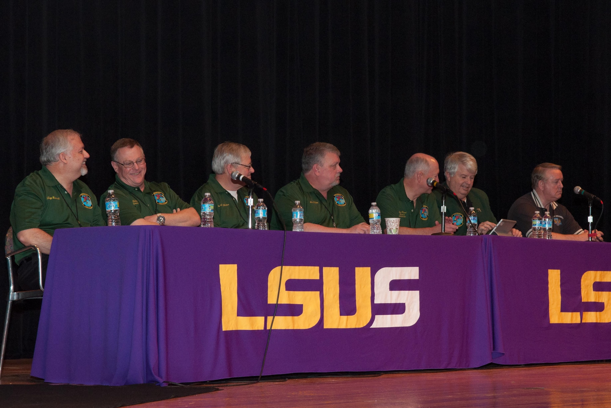 U.S. Air Force Airmen involved in Operation Senior Surprise (aka Secret Squirrel) discuss the factors in planning for the mission during the Secret Squirrel Symposium on Louisiana State University, Shreveport, La. on Jan. 16, 2016. The 35-hour mission required over 57 tankers for re-fueling the seven B-52G Stratofortress bombers over its duration. (U.S. Air Force photo by Master Sgt. Dachelle Melville/Released)