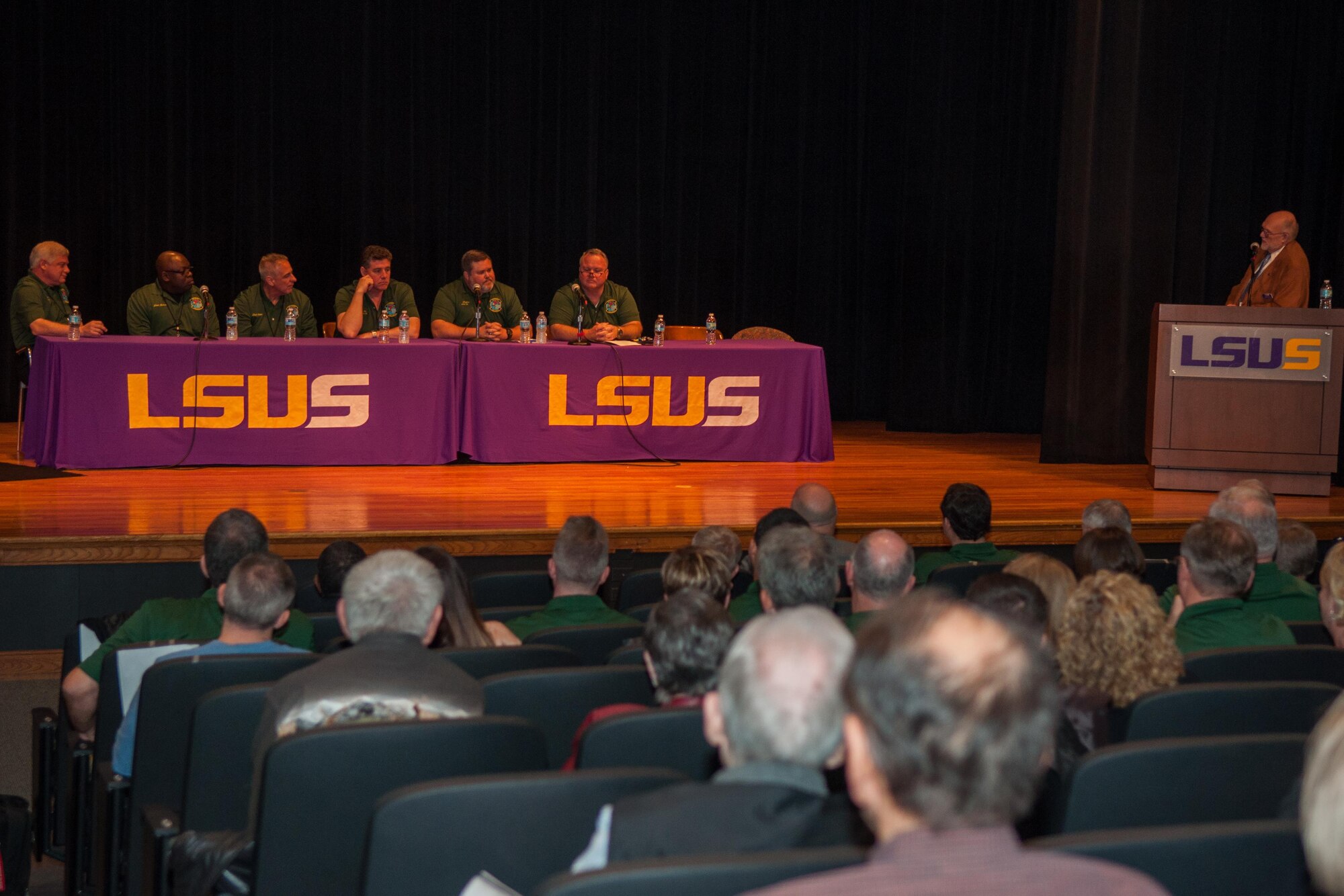 U.S. Air Force aircrew members involved in Operation Senior Surprise (aka Secret Squirrel) discuss the difficulties in executing a top secret mission during the Secret Squirrel Symposium on Louisiana State University, Shreveport, La. on Jan. 16, 2016. Thirty-five cruise missiles were launched from seven B-52G Stratofortress bombers targeting strategic and tactical targets in Iraq.  (U.S. Air Force photo by Master Sgt. Dachelle Melville/Released)