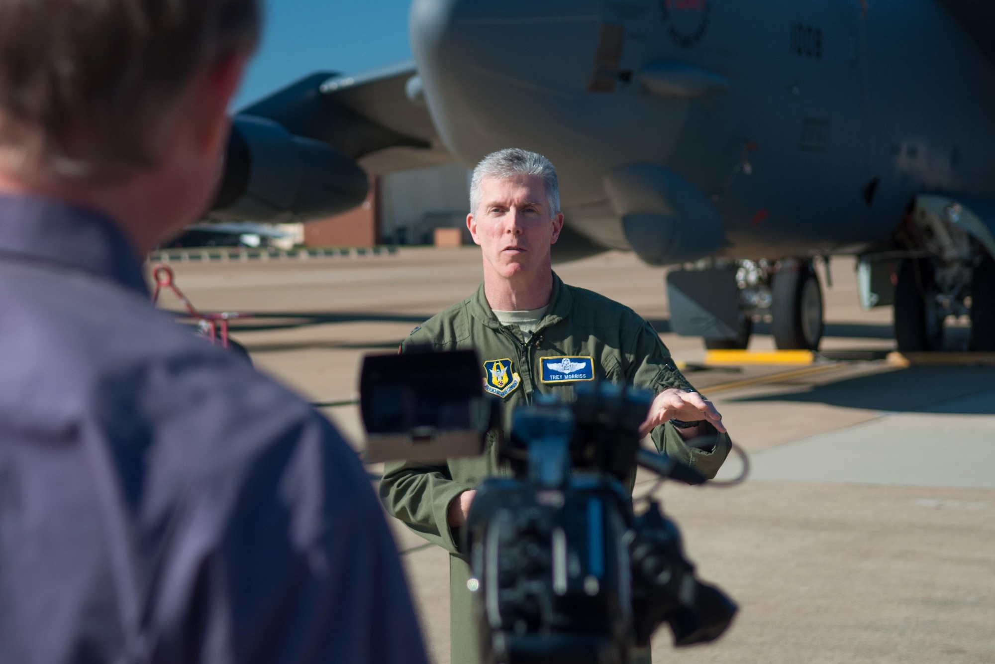 U.S. Air Force Col. Trey Morriss, the vice commander of the 307th Bomb Wing, gives an interview to the local news media on Jan. 13, 2016 on Barksdale Air Force Base, La. Morriss was an aircrew member of Operation Senior Surprise, or as it was nicknamed “Secret Squirrel,” a mission that kicked off Operation Desert Storm 25 years ago. Seven B-52G Stratofortress bombers flew for over 35 hours and 14,000 miles nonstop to complete the mission. (U.S. Air Force photo by Master Sgt. Dachelle Melville/Released)