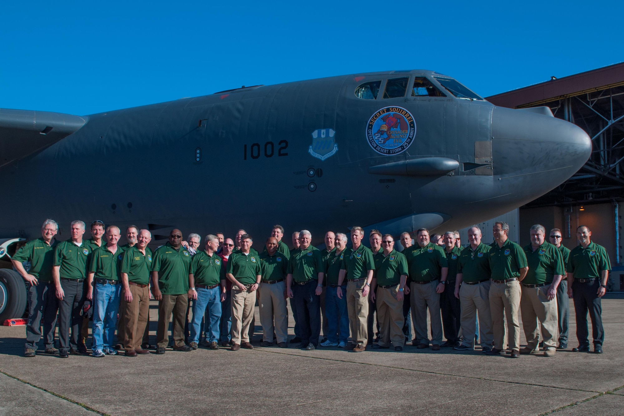 Twenty-five years after Operation Senior Surprise, aka “Secret Squirrel”, the aircrew members that kicked off Operation Desert Storm reunited on Barksdale Air Force Base, La. on Jan. 15, 2016. One of the B-52 Stratofortress bombers stationed at Barksdale is displaying the “Secret Squirrel” patch to commemorate the anniversary. This 35 hour mission was the first combat use of the Conventional Air Launched Cruise Missile (CALCM). (U.S. Air Force photo by Master Sgt. Dachelle Melville/Released)