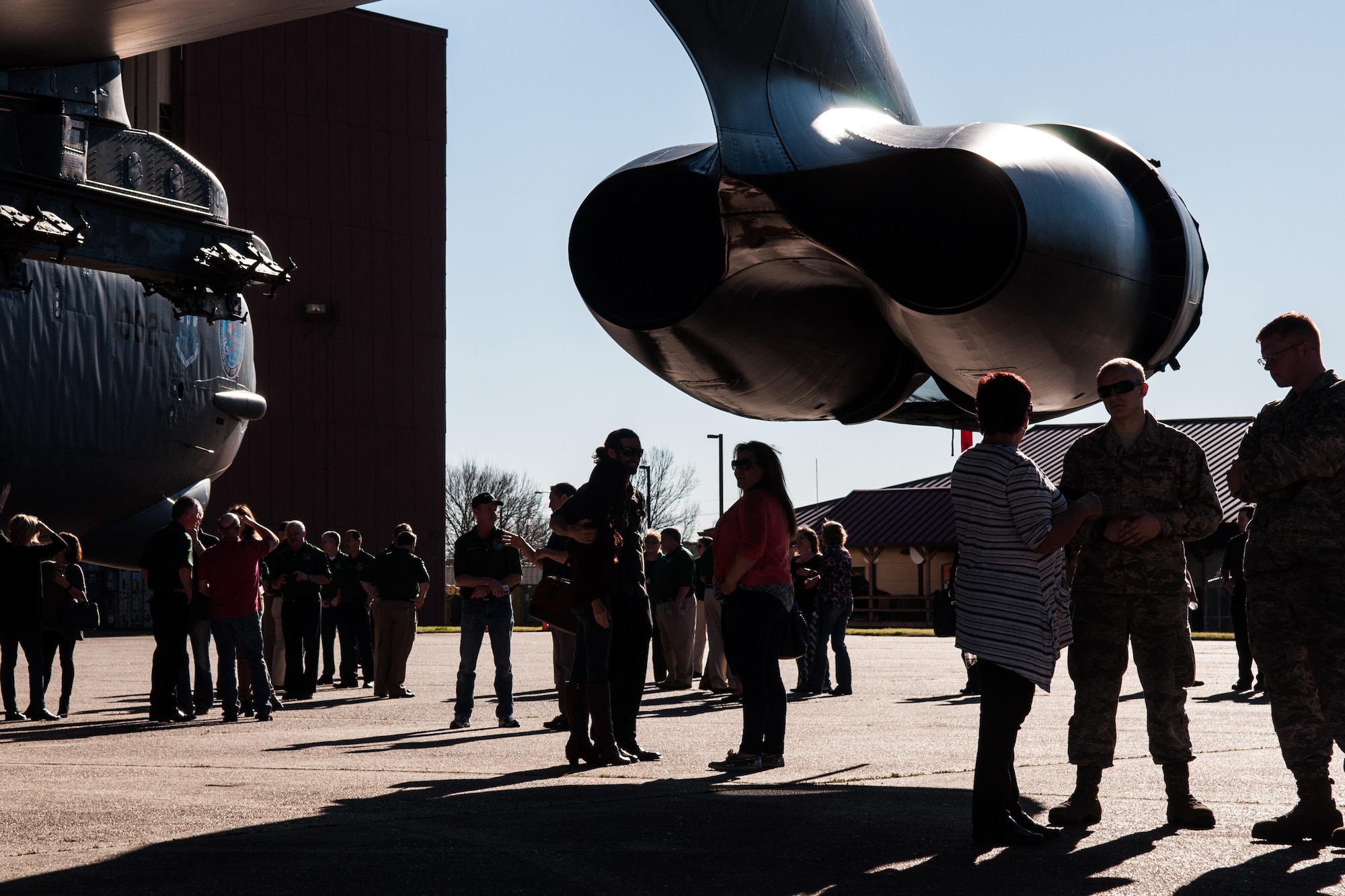 After twenty-five years, Airmen that flew in Operation Senior Surprise, aka “Secret Squirrel,” reunite to celebrate the success of the mission that kicked off Operation Desert Storm. The Airmen and their family gather around a B-52 Stratofortress stationed at Barksdale Air Force Base, La. on Jan. 15, 2016 to see the newest nose art that commemorates the “Secret Squirrel” mission. This mission was the longest distance flown for a combat mission involving a 35-hour, 14,000 mile round trip from Barksdale. (U.S. Air Force photo by Master Sgt. Dachelle Melville/Released)