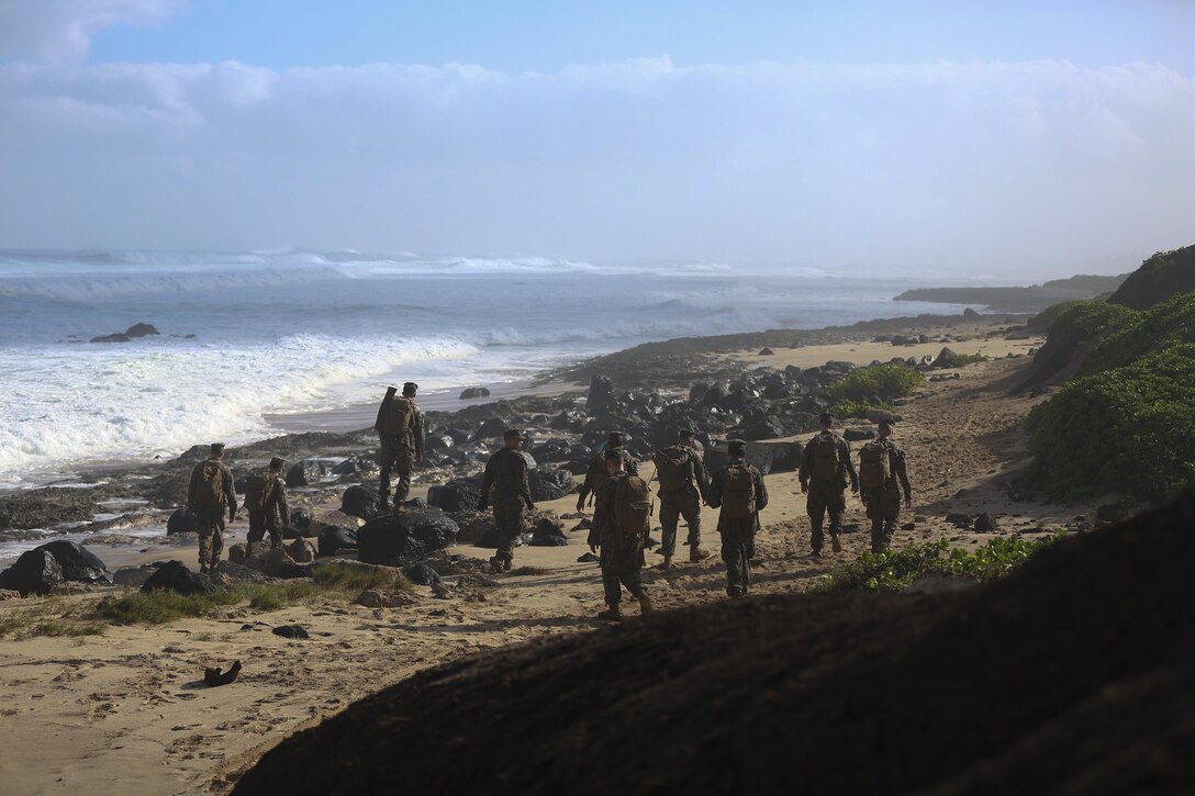 U.S. Marines assigned to 3rd Squad, 1st Platoon, 2nd Battalion, 3rd Marine Regiment, search for debris of two CH-53E Super Stallion helicopters along the coast of Haleiwa, Hawaii, Jan. 16, 2016. The Marines with 2nd Battalion, 3rd Marines are covering the whole north point of the island to determine the field of dispersion of the debris. (U.S. Marine Corps photo by Cpl. Aaron S. Patterson)