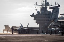 (Dec. 29, 2015) Sailors perform pre-flight checks on an F/A-18E Super Hornet, assigned to the "Fist of the Fleet" of Strike Fighter Squadron (VFA) 25, on the flight deck of aircraft carrier USS Harry S. Truman (CVN 75). Harry S. Truman Carrier Strike Group is deployed in support of Operation Inherent Resolve, maritime security operations, and theater security cooperation efforts in the U.S. 5th Fleet area of operations.