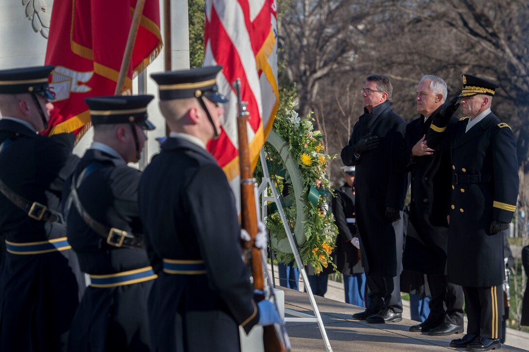 Defense Secretary Ash Carter and Australian Prime Minister Malcolm Turnbull render honors as they place a wreath at the Tomb of the Unknown Soldier at Arlington National Cemetery, Arlington, Va., Jan. 18, 2016, DoD photo by Senior Master Sgt. Adrian Cadiz