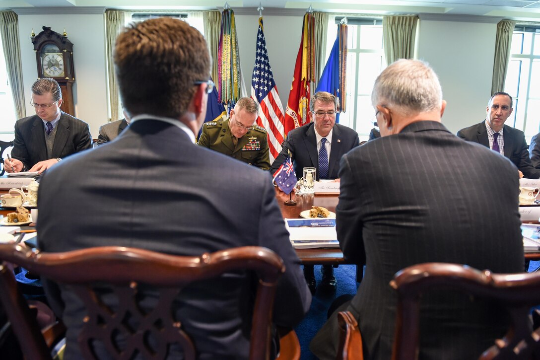Defense Secretary Ash Carter, third from left,  and Marine Corps Gen. Joseph F. Dunford, chairman of the Joint Chiefs of Staff, meet with Australian Prime Minister Malcolm Turnbull at the Pentagon, Jan. 18, 2016. DoD photo by Army Sgt. First Class Clydell Kinchen