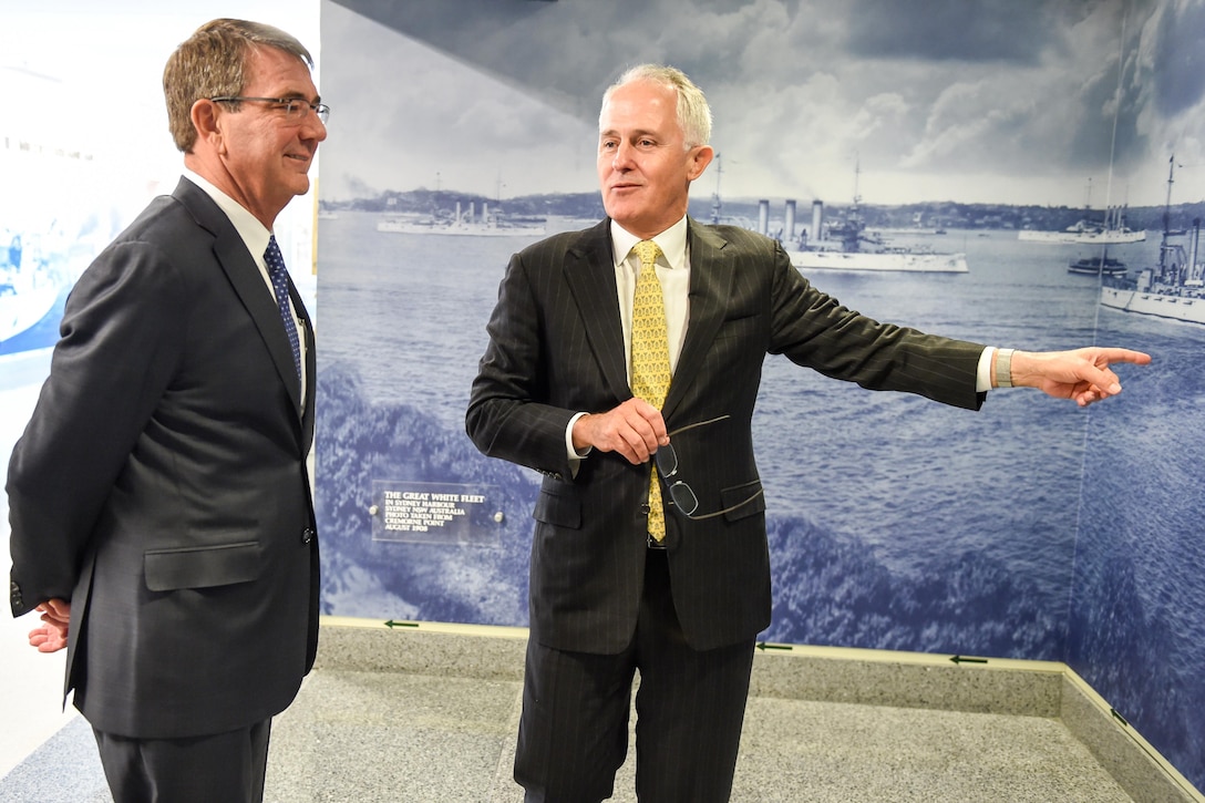 Defense Secretary Ash Carter and Australian Prime Minister Malcolm Turnbull tour the Anzus Hall at the Pentagon, Jan. 18, 2016. DoD photo by Army Sgt. First Class Clydell Kinchen