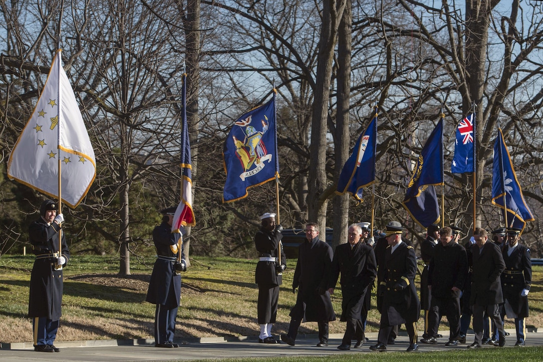 Defense Secretary Ash Carter and Australian Prime Minister Malcolm Turnbull walk to the Tomb of the Unknown Soldier at Arlington National Cemetery, Arlington, Va., Jan. 18, 2016.  DoD photo by Senior Master Sgt. Adrian Cadiz