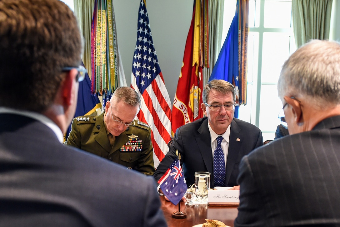 Defense Secretary Ash Carter, center right, and Australian Prime Minister Malcolm Turnbull, right, discuss defense cooperation at Pentagon on Jan. 18, 2016. DoD photo by U.S. Army Sgt. 1st Class Clydell Kinchen