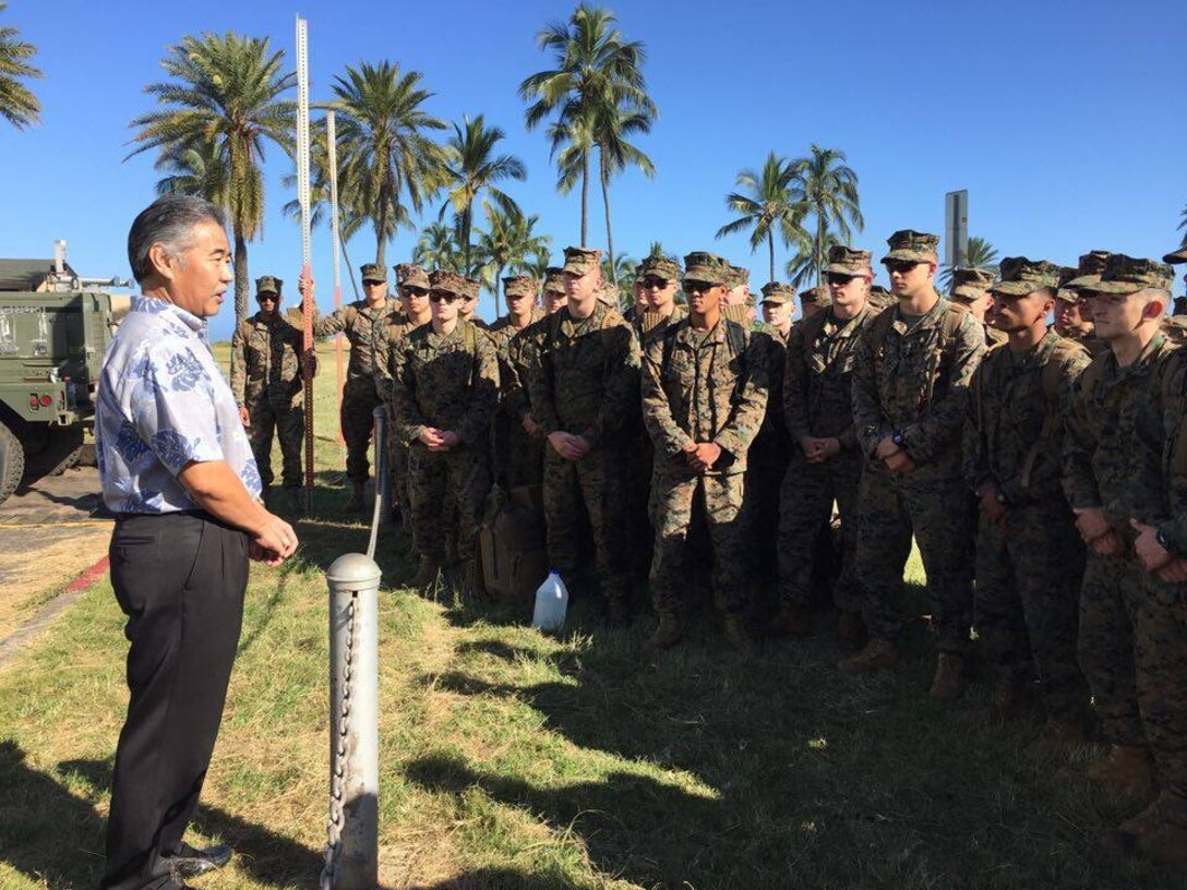 Governor of Hawaii, David Ige, addresses the Marines of 2nd Battalion, 3rd Marine Regiment, thanking them for their search efforts and sending his aloha on Jan. 16, 2016. Monday marks the fourth day of the search and rescue efforts for the 12 missing Marines of HMH-463.