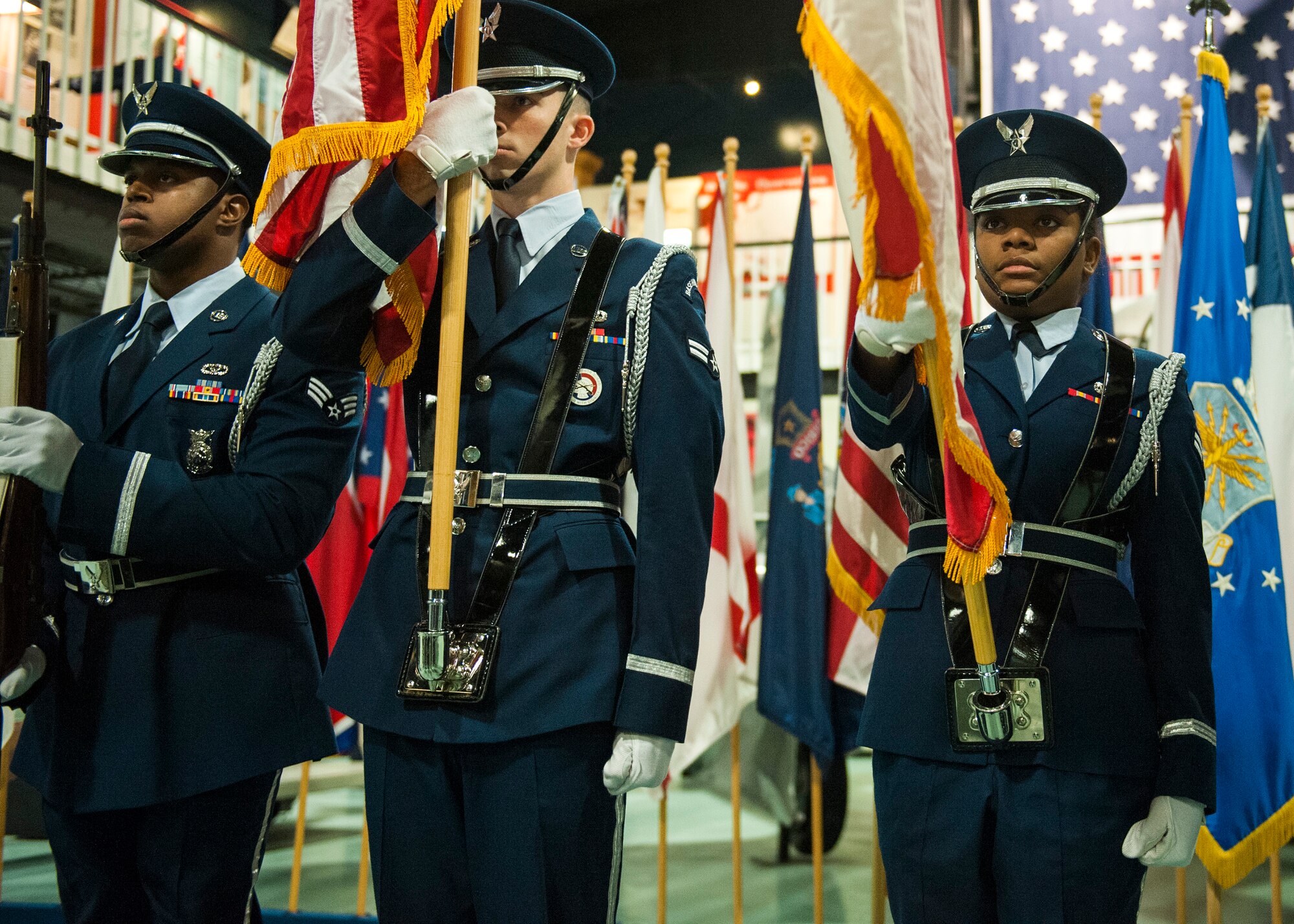 Eglin’s Honor Guard posts the colors during the base’s Martin Luther King, Jr. Day observation ceremony Jan. 14 at the Air Force Armament Museum near Eglin Air Force Base, Fla. (U.S. Air Force photo/Ilka Cole)