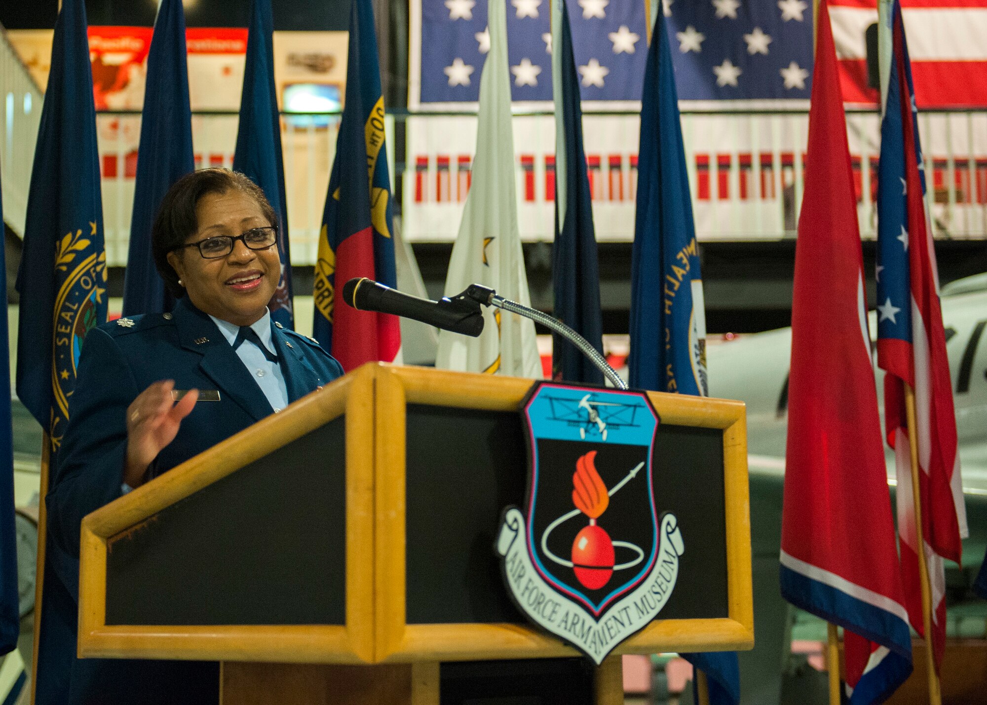 Lt. Col. Sherrol James, 96th Test Wing chaplain, speaks during the base’s Martin Luther King, Jr. Day observation ceremony Jan. 14 at the Air Force Armament Museum near Eglin Air Force Base, Fla. (U.S. Air Force photo/Ilka Cole) 