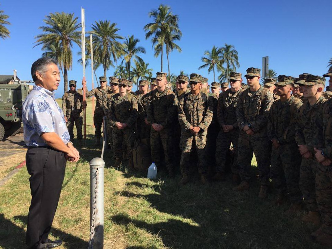 Hawaii Gov. David Y. Ige thanks Marines in Haleiwa, Hawaii, Jan. 18, 2016, for their efforts to search for 12 missing Marines following an incident with two helicopters off the North Shore of Oahu. The Marines participating in the search are assigned to 2nd Battalion, 3rd Marine Regiment. U.S. Marine Corps photo by Cpl. Adam Korolev