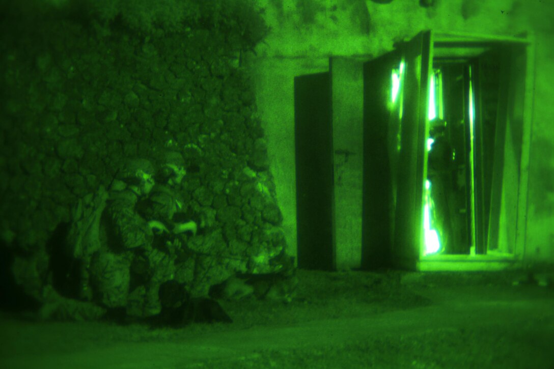 As seen through a night-vision device, Marine Corps Cpls. David Hernandez, left, and Harold Greenaker, and Ella and Kuko, their military working dogs, provide security outside a house while their team members prepare for extraction during an urban training exercise on Guam, Jan. 13, 2016. Hernandez and Greenaker are dog handlers. Ella is a specialized search dog and Kuko is a specialized explosive detection dog. The Marines and dogs are assigned to Maritime Raid Force, 31st Marine Expeditionary Unit. U.S. Marine Corps Photo by Cpl. Thor J. Larson 