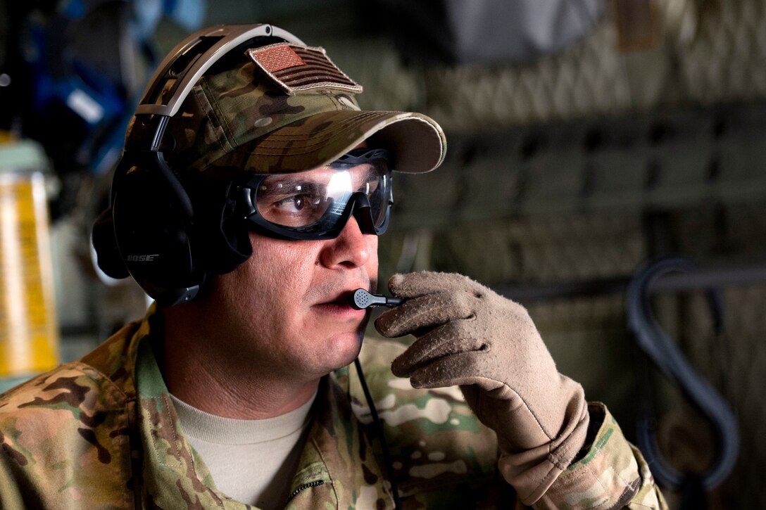 U.S. Air Force Capt. Jose Martinez talks to team members as they transport an injured airman at an undisclosed location in Southwest Asia to support Operation Inherent Resolve, Jan. 6, 2016. Martinez is a nurse assigned to the 379th Expeditionary Aeromedical Evacuation Squadron. U.S. Air Force photo by Tech. Sgt. Nathan Lipscomb