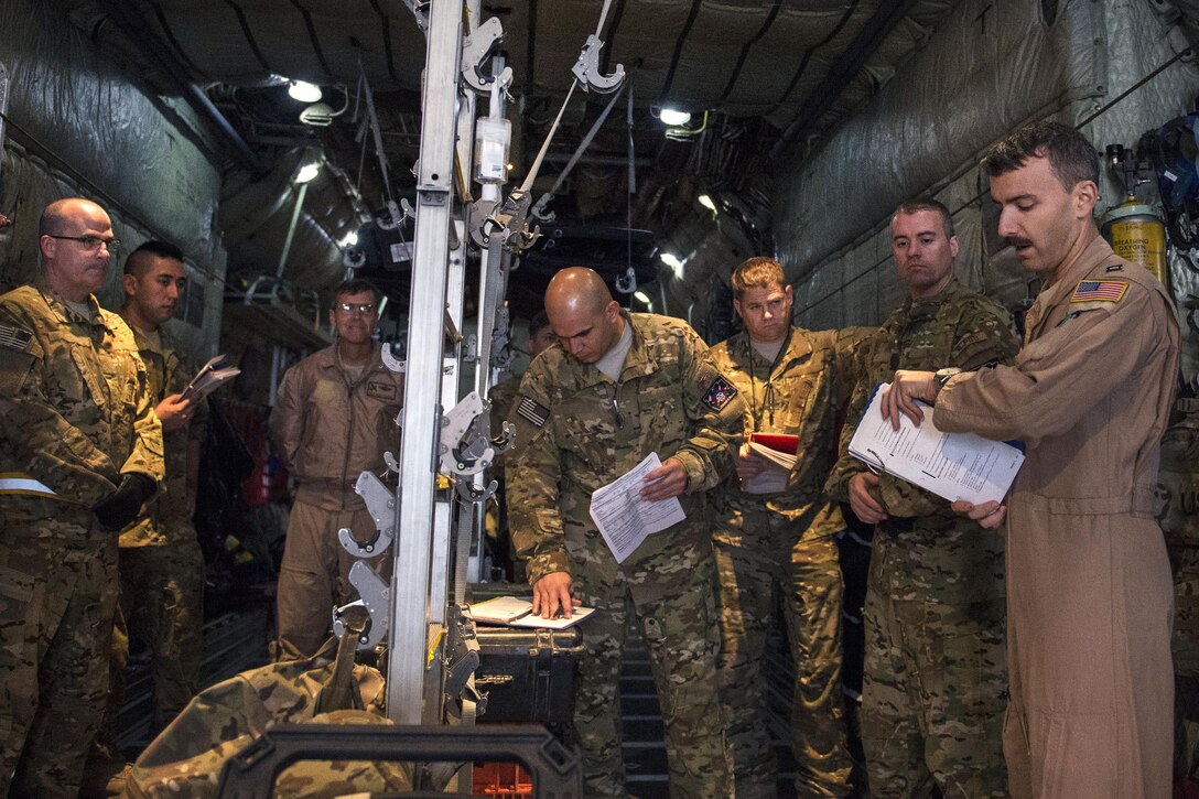 U.S. Air Force Capt. Steven Marinos, right, briefs his flight team before an aeromedical evacuation mission on Al Udeid Air Base, Qatar, Jan. 6, 2016, to support Operation Inherent Resolve. Marinos is a pilot assigned to the 746th Expeditionary Airlift Squadron. U.S. Air Force photo by Tech. Sgt. Nathan Lipscomb