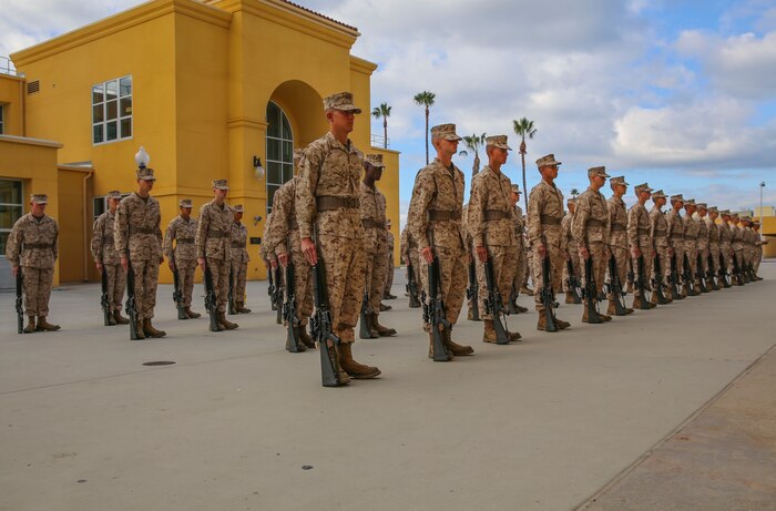 Recruits of Fox Company, 2nd Recruit Training Battalion, stand in formation during a series commander inspection at Marine Corps Recruit Depot San Diego, Dec. 28. Being properly aligned to the recruit on the right is important for the recruits to get used to because alignment is something drill instructors grade during drill. This is the second of four inspections recruits experience during recruit training. Annually, more than 17,000 males recruited from the Western Recruiting Region are trained at MCRD San Diego. Fox Company is scheduled to graduate Jan. 29.