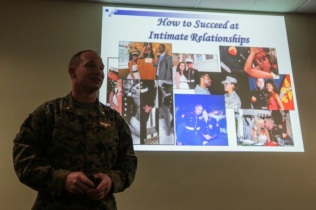 Navy Lieutenant Commander Aaron Kleinman presents a class titled “How to Succeed at Intimate Relationships” at Marine Corps Base Camp Pendleton, Calif., Jan. 12, 2016. The class was part of the iRelate program designed to encourage healthier relationships, decrease divorce rates and improve unit readiness by allowing Marines to make informed decisions about relationships. Kleinman, from Norfolk, Va., is the chaplain for Assault Amphibian School Battalion, School of Infantry – West. (U.S. Marine Corps photo by Lance Cpl. Caitlin Bevel)