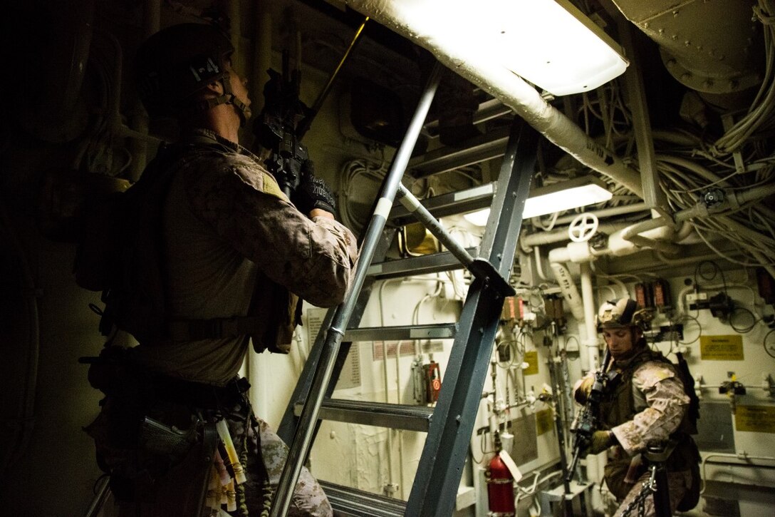 U.S. Marines with the Maritime Raid Force, 13th Marine Expeditionary Unit, conduct drills while aboard the USS Boxer during Sustainment Exercise (SUSTEX) off the coast of southern California, Jan. 17, 2016. SUSTEX is designed to reinforce the Boxer Amphibious Ready Group/MEU's execution of mission essential tasks in preparation for their upcoming deployment (U.S. Marine Corps photo by Sgt. Tyler C. Gregory/unreleased)
