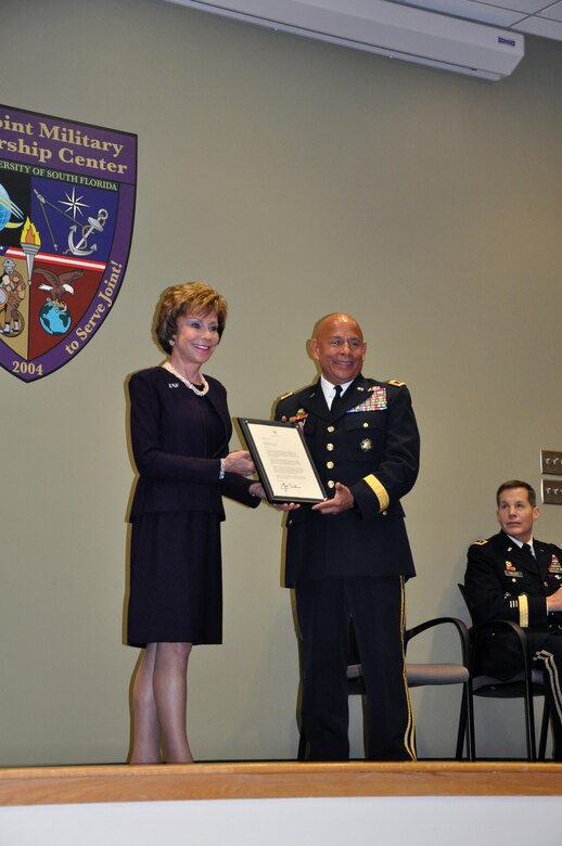In a retirement ceremony held on Jan. 16, 2016, co-hosted by the U.S. Army Reserve and the University of South Florida, Lt. Gen. Jeffrey Talley, Chief of the Army Reserve, recognized Maj. Gen. Luis Visot for his more than 37 years of service to the Army and the nation. During this same ceremony, Dr. Judy Genshaft, President of the University of South Florida System, recognized Visot for his retirement from his civilian occupation after 35 years of dedication to the university and its students where he earned his nickname, ‘Dean of Fun’.