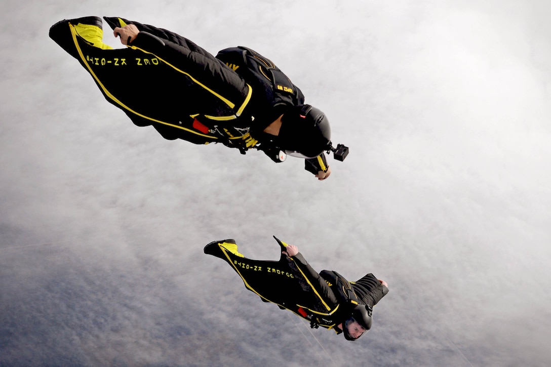 Army Staff Sgt. John Lopez and Staff Sgt. Travis Downing, members of the Army's Golden Knights demonstration team, conduct a training jump over Homestead Air Reserve Base, Fla., Jan. 19, 2016. Air National Guard photo by Staff Sgt. Christopher S. Muncy