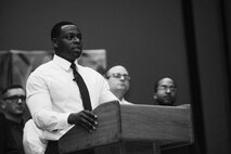 A volunteer of Team Osan performs a skit during a Rev. Dr. Martin Luther King Jr. stage play on Osan Air Base, Republic of Korea, Jan. 14, 2016. The actor delivered King’s iconic “I Have A Dream” speech, which highlighted the U.S.’s shift in segregation laws. (U.S. Air Force photo by Airman 1st Class Dillian Bamman/Released)