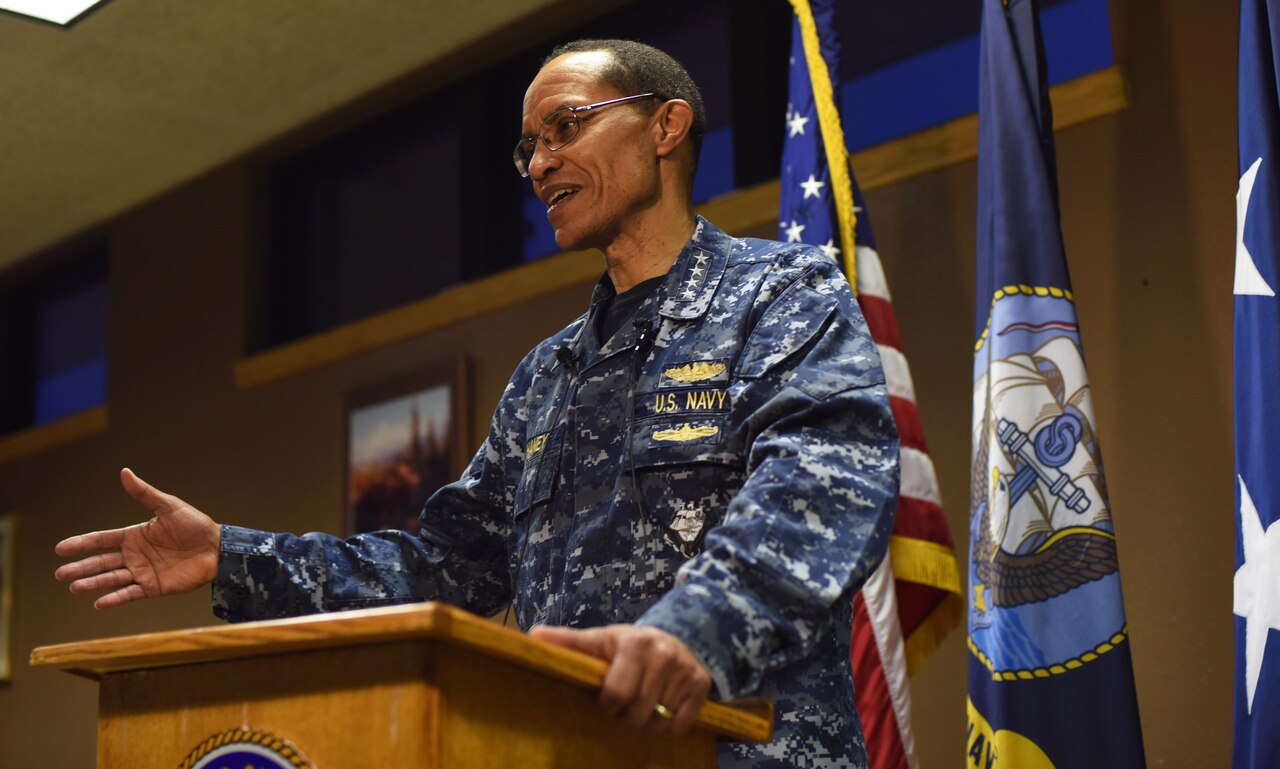 U.S. Navy Adm. Cecil D. Haney, U.S. Strategic Command (USSTRATCOM) commander, addresses local media after a base-wide all call at Malmstrom Air Force Base, Mont., Jan. 14, 2016. During his visit there, Haney had breakfast with Airmen; toured the security forces, missile maintenance and other facilities; and conducted a base-wide all call to discuss USSTRATCOM’s mission areas and priorities and Malmstrom’s vital role in deterrence and assurance. He also thanked the men and women at Malmstrom for their efforts in providing the nation with a safe, secure, effective and ready nuclear deterrent. One of nine DoD unified combatant commands, USSTRATCOM has global strategic missions, assigned through the Unified Command Plan, which include strategic deterrence; space operations; cyberspace operations; joint electronic warfare; global strike; missile defense; intelligence, surveillance and reconnaissance; combating weapons of mass destruction; and analysis and targeting. (U.S. Air Force photo by Airman Collin Schmidt)