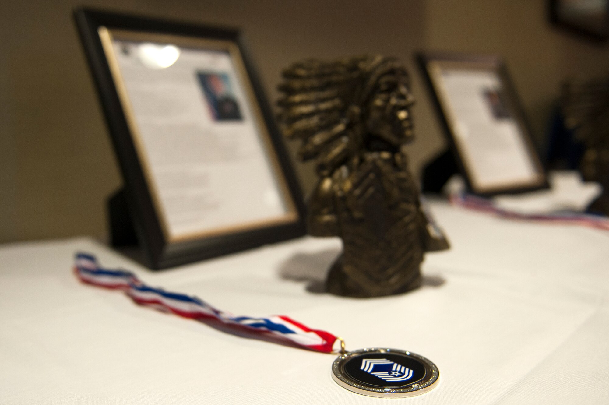 A medallion rests in front of a chief statue during the Chief Recognition Ceremony, Jan. 16, 2016, at Moody Air Force Base, Ga. U.S. Air Force Chief Master Sgt. David Kelch, 23d Wing command chief, and Chief Master Sgt. Troie A. Croft, 93d Air Ground Operations Wing command chief, presented the new chief master sergeant selects with the medallion. (U.S. Air Force photo by Airman 1st Class Kathleen D. Bryant/Released)

