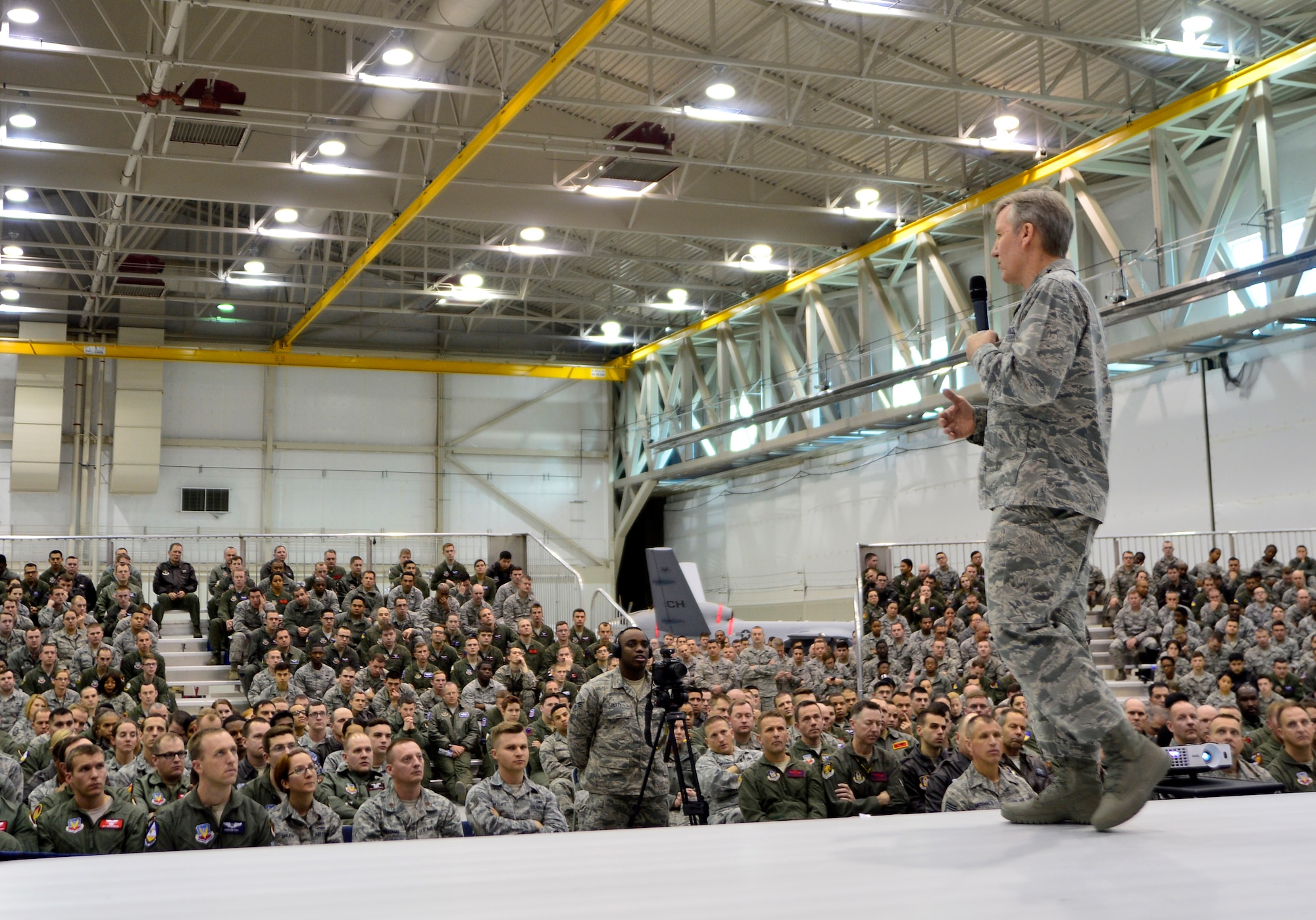 Gen. Hawk Carlisle, commander of Air Combat Command, briefs Airmen from the 432nd Wing/432nd Air Expeditionary Wing Jan. 14, 2016, during his visit to Creech Air Force Base, Nevada. During the all-call, Carlisle recapped the findings of the Culture and Process Improvement Program, an initiative which studied challenges within the remotely piloted aircraft enterprise. He also explained the measures the Air Force is taking to alleviate the problems. (U.S. Air Force photo by Senior Airman Christian Clausen/Released)