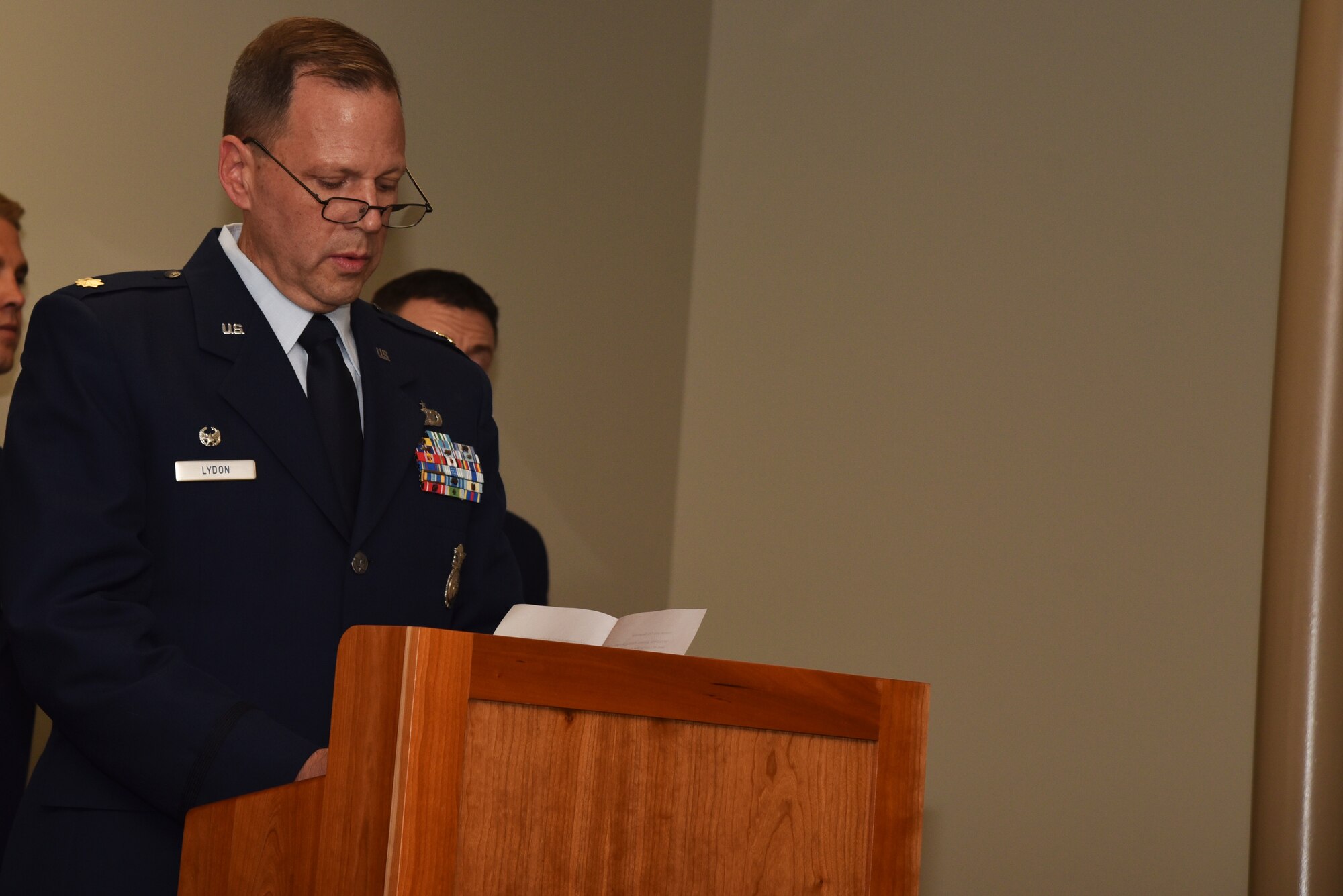 Maj. David Lydon assumes command of the 927th Security Forces Squadron during an assumption of command ceremony Jan. 9, 2016. (U.S. Air Force photo by Staff Sgt. Adam C. Borgman)